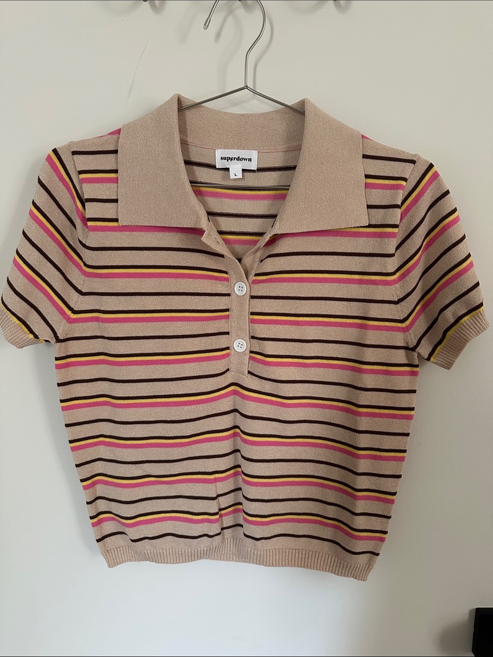superdown Striped Polo Knit Top in Beige, Black, Pink, Yellow